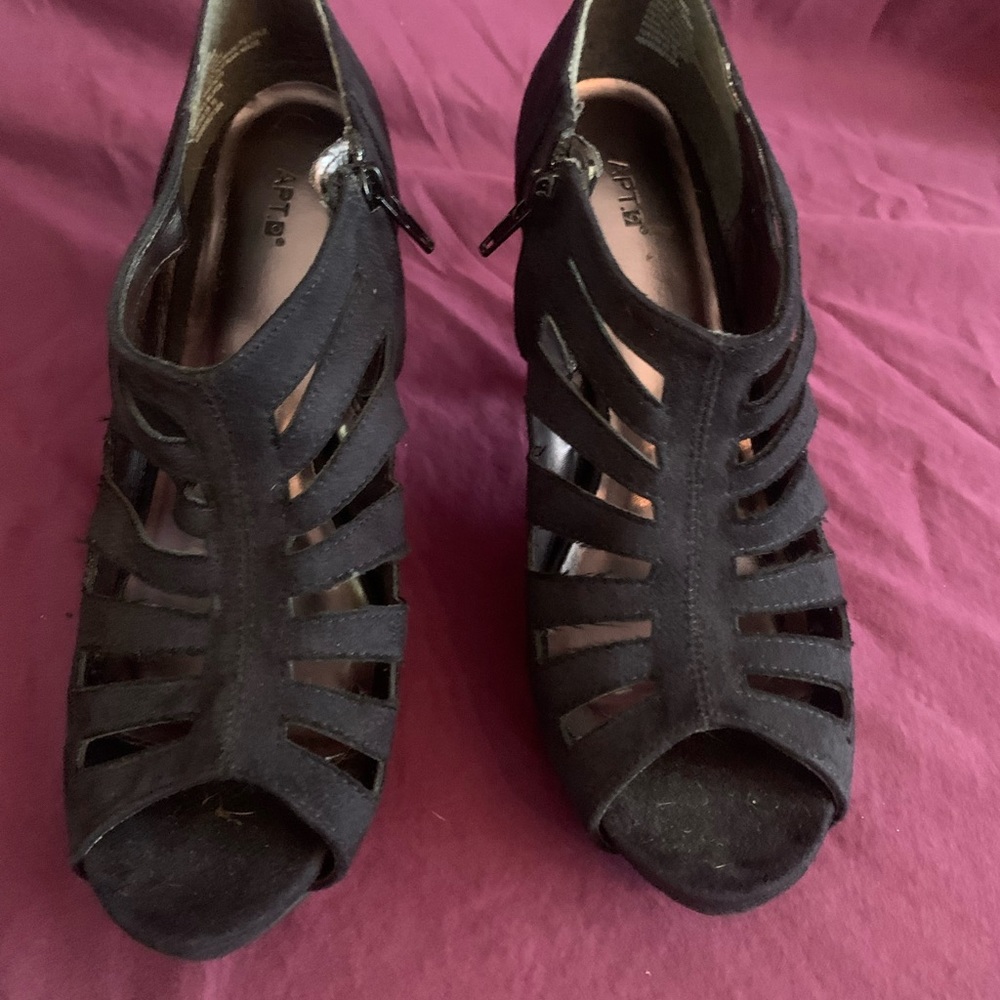 APT 9 Phoenix Black open toe suede heels